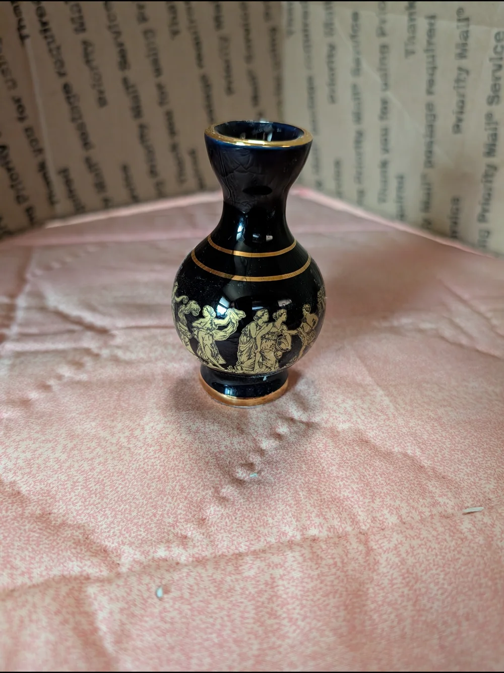 Hand-Painted Black and 24 Kt Gold Decorative Vase - Classic Mythic Figures